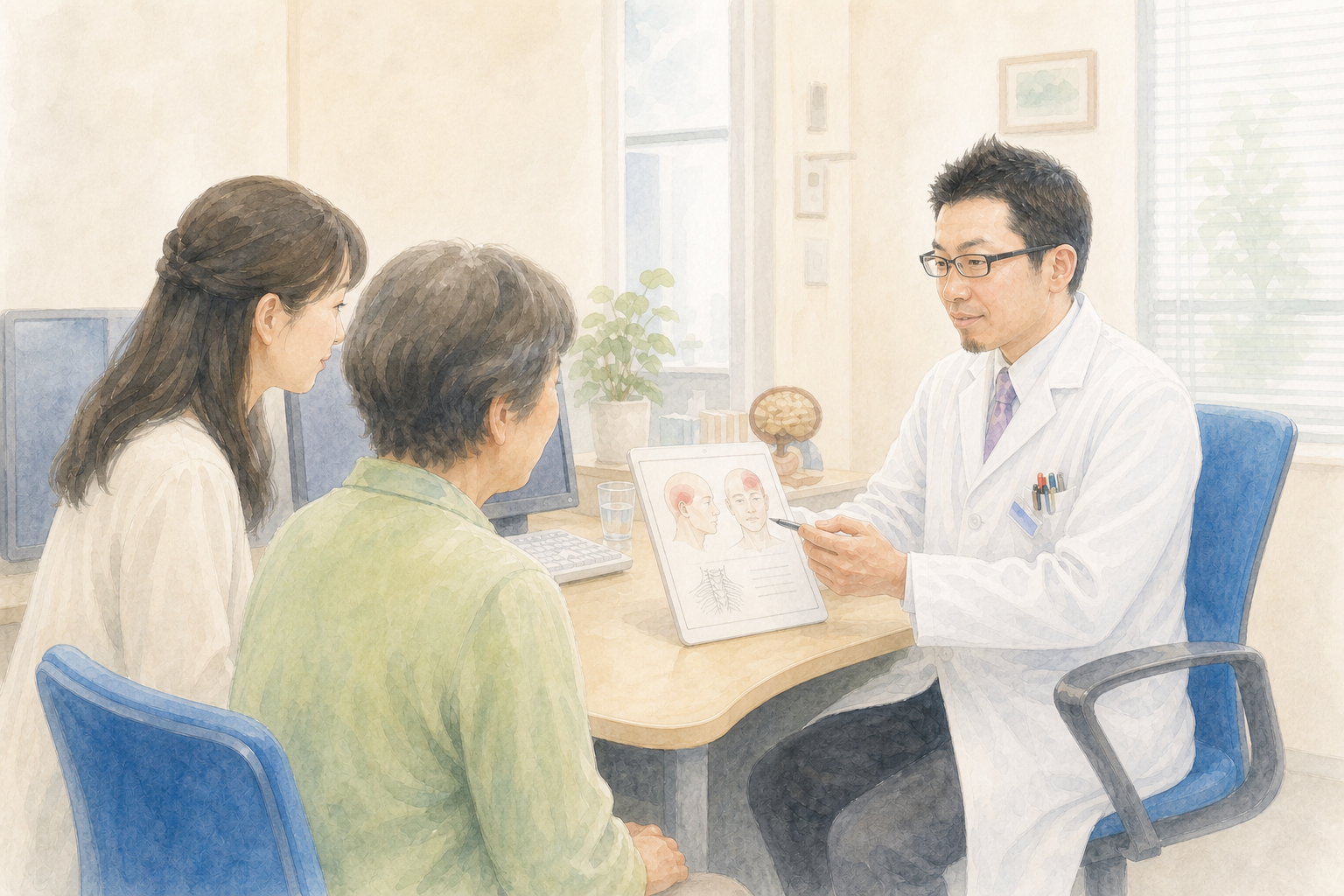 医師が患者さまとご家族に寄り添い、もの忘れについて相談を受けている様子