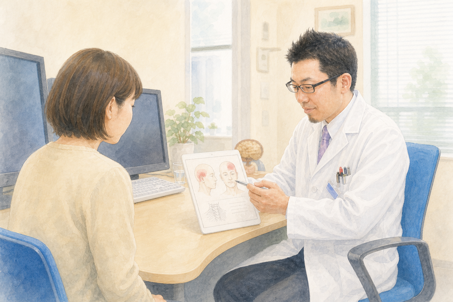 医師が患者さまから頭痛について丁寧にお話を伺っている様子