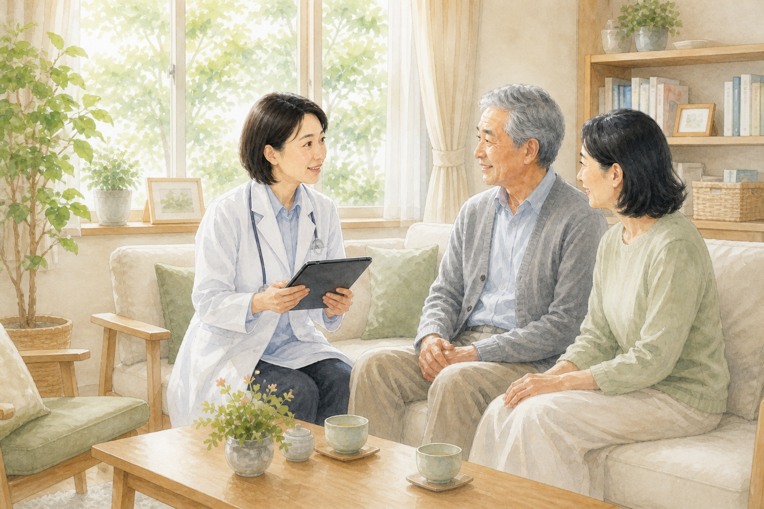医師が患者さまとご家族のもとを訪れ、穏やかに相談している様子